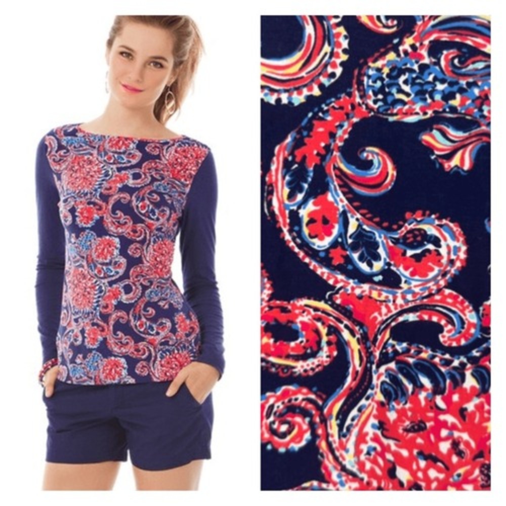 Lilly Pulitzer Women's Floral Paisley Print Long Sleeve‎ Bailey Top Blue Pink XS